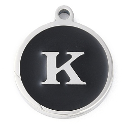 Letter K 201 подвески из нержавеющей стали, с черной эмалью, цвет нержавеющей стали, плоские круглые с буквы, Письмо K, 18.5x15.5x2 мм, отверстие : 1.6 мм