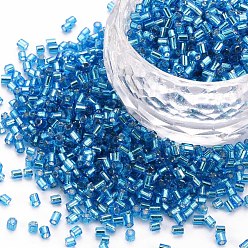 Dodger Blue Glass Bugle Beads, Silver Lined, Dodger Blue, 1.8~2.2x1.8~2mm, Hole: 0.8~0.9mm, about 15000pcs/pound