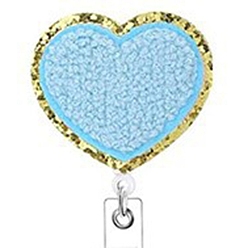 Sky Blue Heart Wool Chenille Clip-On Retractable Badge Holders, Badge Reels, Alloy Alligator Clip Tag Card Holders, Sky Blue, 50mm