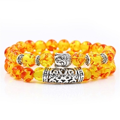 Amber 2Pcs 2 Style Natural Amber Stretch Bracelets Set with Alloy Buddha Head, Gemstone Jewelry for Women, 7~1/4~7-1/2 inch(18.5~19cm), 1Pc/style