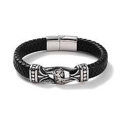 Antique Silver Men's Braided Black PU Leather Cord Bracelets, Lock 304 Stainless Steel Link Bracelets with Magnetic Clasps, Antique Silver, 8-5/8 inch(22cm)