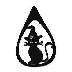 Cat Shape Halloween Theme Imitation Leather Pendants, Teardrop with Cat, Black, Cat Pattern, 64~65x37~38x1.5mm, Hole: 1.4~1.5mm