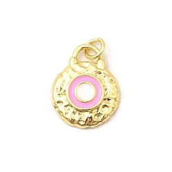 Pink Латунь эмаль подвески, плоский круглый с подвесками для глаз, реальный 18 k позолоченный, с целью перехода в кольце, без свинца и без кадмия, долговечный, стойки покрытие, розовые, 18.5x14.5x3 мм, отверстие : 3.4 мм