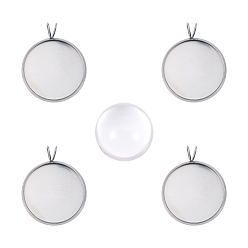 Stainless Steel Color DIY Pendants Making, 304 Stainless Steel Pendant Cabochon Settings and Half Round Clear Glass Cabochons, Stainless Steel Color, Tray: 20mm, 27x22x2mm, Hole: 2x3mm, 1pc/set, 20x10mm, 1pc/set
