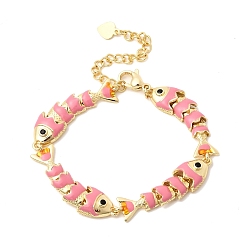 Ярко-Розовый Латунные браслеты-цепочки с микропаве из кубического циркония для женщин, рыба, с эмалью, стойки покрытие, долговечный, без кадмия и без свинца, реальный 18 k позолоченный, ярко-розовый, 6.18 дюйм (15.7 см)