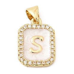 Letter S Латунные микропаве прозрачные подвески с фианитом, с эмалью, без кадмия и без свинца, долговечный, стойки покрытие, реальный 18 k позолоченный, Письмо с, 16.5x12x2 мм, отверстие : 4x3 мм