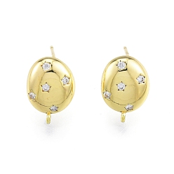 Real 18K Gold Plated Brass Micro Pave Clear Cubic Zirconia Stud Earring Findings, with Vertical Loops, Nickel Free, Oval with Star Pattern, Real 18K Gold Plated, 13x9.5mm, Hole: 1mm, Pin: 0.6mm