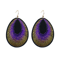 8071 Taro Purple Boho Ethnic Style Embroidered Tassel Earrings with Peacock Feathers and Pressed Floral Fabric in Oval Shape