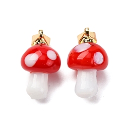 Красный Подвески лэмпворк ручной работы, гриб, с реечной накладкой из латуни с золотистым напылением, долговечный, золотые, красные, 16~17x9.5~10.5 мм, отверстие : 4.5x3.5 мм