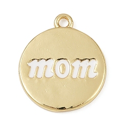 Белый Дым Латунные эмалевые подвески на день матери, Плоский круглый шарм со словом «мама», без свинца и без кадмия, долговечный, стойки покрытие, реальный 18 k позолоченный, серый, 15x13x2 мм, отверстие : 1.2 мм