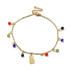 Ананас Цветные стеклянные бусины и 304 подвеска на ногу из нержавеющей стали с цепочками для женщин, золотые, узор ананаса, ананас: 15x7.5x0.7 мм, 8-7/8 дюйм (22.5 см)