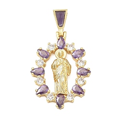 Lilac Religion Brass Pave Cubic Zirconia Pendants, with Enamel, Oval with Saint Jude Charms, Lead Free & Cadmium Free, Long-Lasting Plated, Rack Plating, Real 18K Gold Plated, Lilac, 36mm, Pendant: 29x20x4mm, Hole: 5.5x3mm