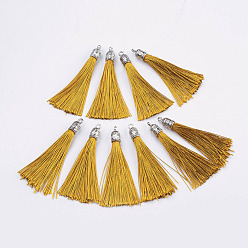 Gold Nylon Tassels Big Pendant Decorations, with Antique Silver Alloy Findings, Gold, 55~67x7mm, Hole: 2mm