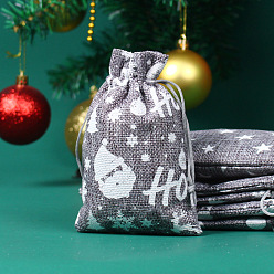 Dark Gray Christmas Theme Linenette Drawstring Bags, Rectangle with Santa Claus, Dark Gray, 18x13cm