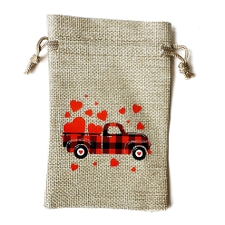 Truck Valentine's Day Printed Burlap Drawstring Pouches, Red, Rectangle, Truck, 15x10cm