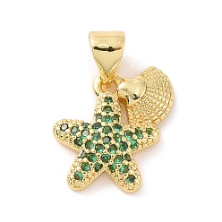 Green Brass Micro Pave Cubic Zirconia Charms, Starfish with Shell Shape Charm, Real 18K Gold Plated, Green, 13.5x13x2.5mm, Hole: 3x4mm