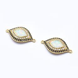 Golden Brass Micro Pave Cubic Zirconia Links, with Synthetic Opal, Eye, Golden, 21x12x2.5mm, Hole: 1mm