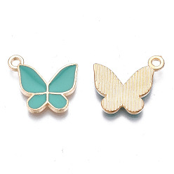 Turquoise Alloy Enamel Pendants, Cadmium Free & Lead Free, Butterfly, Light Gold, Turquoise, 15x17x2mm, Hole: 1.6mm