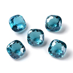 Dark Turquoise Transparent Glass Rhinestone Cabochons, Faceted, Pointed Back, Square, Dark Turquoise, 10x10x6.5mm