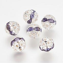 Фиолетовый Латунные бусины со стразами , класс А, серебряный цвет гальваническим, круглые, фиолетовые, 8 мм, отверстие : 1 мм