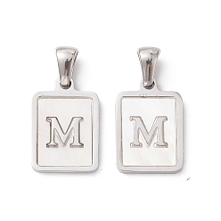 Letter M 304 Stainless Steel Pave Shell Pendants, Rectangle Charm, Stainless Steel Color, Letter M, 17.5x12x1.5mm, Hole: 3x5mm