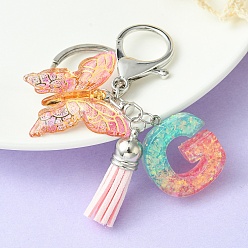 Letter G Resin & Acrylic Keychains, with Alloy Split Key Rings and Faux Suede Tassel Pendants, Letter & Butterfly, Letter G, 8.6cm