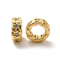 Настоящее золото 18K Реечное покрытие латунь микро паве кубический цирконий европейские бусины, бусины с большим отверстием, долговечный, без свинца и без кадмия, бордюрная цепь плоская круглая, реальный 18 k позолоченный, 7.5x3.5 мм, отверстие : 4.8 мм