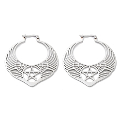Stainless Steel Color 304 Stainless Steel Wing with Star Hoop Earrings for Women, Stainless Steel Color, 52.5x48x1~2mm