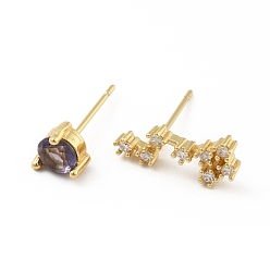 Aquarius Cubic Zirconia Constellation Asymmetrical Earrings, Real 18K Gold Plated Brass Stud Earrings, Cadmium Free & Lead Free, Aquarius, 7.5x15mm, 6x6mm, Pin: 0.7mm