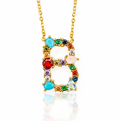 Letter B Golden Brass Micro Pave Cubic Zirconia Initial Pendants Necklaces, with Cable Chains, Colorful, Letter, Letter.B, 17.9~18.1 inch(45.5~46cm)x1.5mm, LetterB: 20.5x13.5x6mm