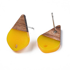 Gold Opaque Resin & Walnut Wood Stud Earring Findings, with 304 Stainless Steel Pin and Hole, Two Tone, Teardrop, Gold, 17.5x11mm, Hole: 1.8mm, Pin: 0.7mm