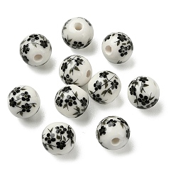 Black Handmade Printed Porcelain Round Beads, with Flower Pattern, Black, 10mm, Hole: 2mm