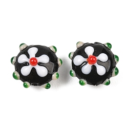 Черный Ручной работы ухабистым Шарики Lampwork, RONDELLE с цветочным узором, чёрные, 15.5x17.5x13 мм, отверстие : 1.6 мм