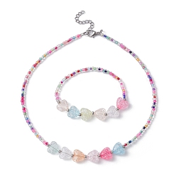Colorful Acrylic Heart & Seed Beaded Necklace & Stretch Bracelet, Jewelry Set for Kids, Colorful, 14 inch(35.6cm), 2 inch(5cm) Inner Diameter