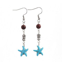 Synthetic Turquoise Synthetic Turquoise Dangle Earrings, with Natural Sandalwood and Alloy Beads, 304 Stainless Steel Earring Hooks, Starfish/Sea Stars, 63mm, Pin: 0.7mm