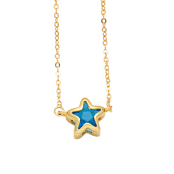 Deep Sky Blue Brass Micro Pave Cubic Zirconia Pendant Necklaces, Star, Deep Sky Blue, 17.72 inch(45cm)