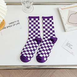 Dark Orchid Polyester Knitting Socks, Tartan Pattern Crew Socks, Winter Warm Thermal Socks, Dark Orchid, 350x130x7mm