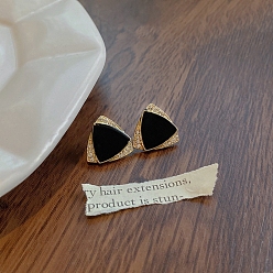Black Triangle Rhinestone Stud Earrings, 925 Silver Silver Pin Earrings for Women, Black, 26x13mm