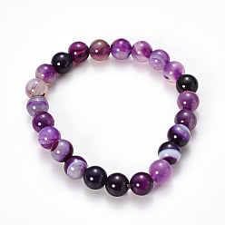 Purple Natural Striped Agate/Banded Agate Beaded Stretch Bracelets, Dyed, Round, Purple, 2-1/8 inch(55mm)