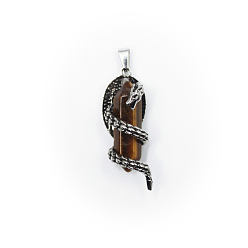 Tiger Eye Natural Tiger Eye Double Terminal Pointed Pendants, Dragon Charms with Faceted Bullet, with Antique Silver Tone Alloy Findings, 39x15mm
