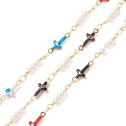 Colorful Brass Enamel Cross with Evil Eye Link Chains, with CCB Imitation Pearl Beaded, Soldered, with Spools, Cadmium Free & Lead Free, Real 18K Gold Plated, Colorful, 13x5x3mm, 14x3mm