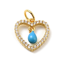 Deep Sky Blue Rack Plating Brass Micro Pave Cubic Zirconia Pendants, with Enamel and Jump Ring, Long-Lasting Plated, Golden, Heart, Cadmium Free & Nickel Free & Lead Free, Deep Sky Blue, 12.5x12x1.5~3mm, Jump Ring: 5x0.7mm, Hole: 3.4mm