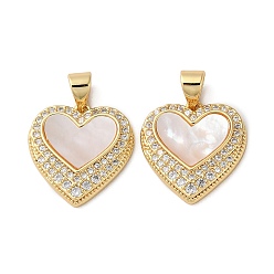 Real 18K Gold Plated Brass Micro Pave Cubic Zirconia Pendants, with Shell, Heart, Real 18K Gold Plated, 17x16x2.5mm, Hole: 4.5x3.5mm