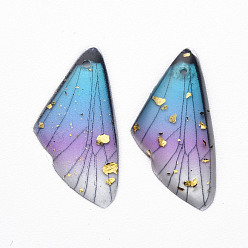 Medium Turquoise Transparent Resin Pendants, with Gold Foil, Insects Wing, Medium Turquoise, 24.5x11.5x2mm, Hole: 1mm