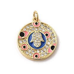 Pink Латунные микро проложить кубического циркония подвески, с эмалью, плоские круглые с хамсой ручные подвески, долговечный, стойки покрытие, без свинца и без кадмия, реальный 18 k позолоченный, розовые, 21x18.5x2.5 мм, Перейти кольцо: 5x1 мм, внутренний диаметр: 3 мм