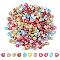 Mixed Color Opaque Acrylic Beads, Metal Enlaced, Flat Round with Random Letter/Heart, Mixed Color, 6.5~7x7x3~4mm, Hole: 1.6~1.8mm, 300pcs/bag