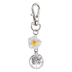 White Handmade Polymer Clay Plumeria Pendant Decorations, Tree of Life Tibetan Style Alloy and Swivel Lobster Claw Clasps Charm, White, 72mm, Pendants: 38.5x17mm