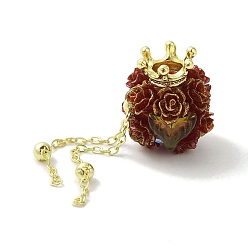 Brown Polymer Clay Rhinestone Beads, with Acrylic & Glass Cabochon & Alloy Chain, Rose with Crown & Fishtail, Brown, 21~22x19x18.5~19mm, Hole: 1.8mm