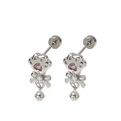 Platinum Brass Micro Pave Cubic Zirconia Stud Dangle Earrings for Women, Print Paw & Bell & Bowknot, Platinum, 16.5x7mm