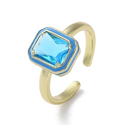 Deep Sky Blue Rack Plating Real 18k Gold Plated Brass Open Cuff Rings, Rectangle Cubic Zirconia Ring with Enamel, Lead Free & Cadmium Free, Deep Sky Blue, US Size 7 1/4(17.5mm)